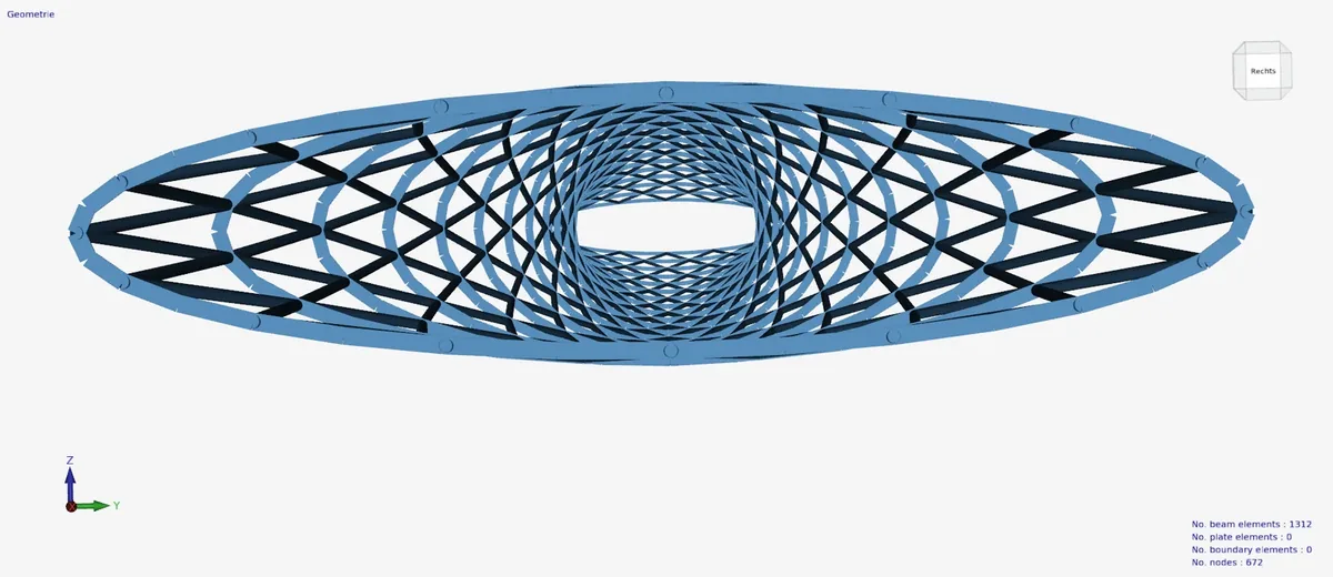 XFEM4U: the lattice bridge seen along its axis, a tube of crossing beams.