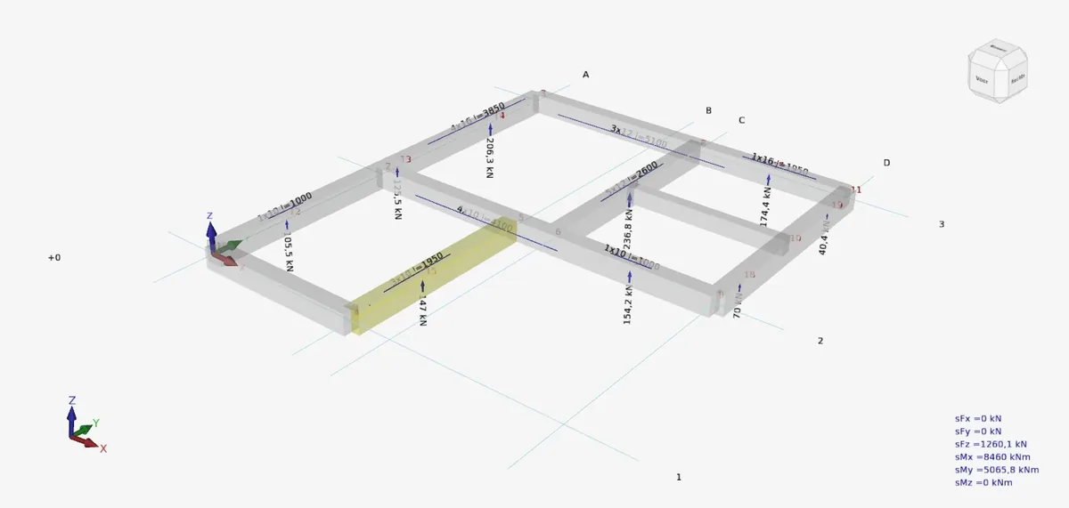 XFEM4U: the same beam grid after the calculation, with the reactions in kN.