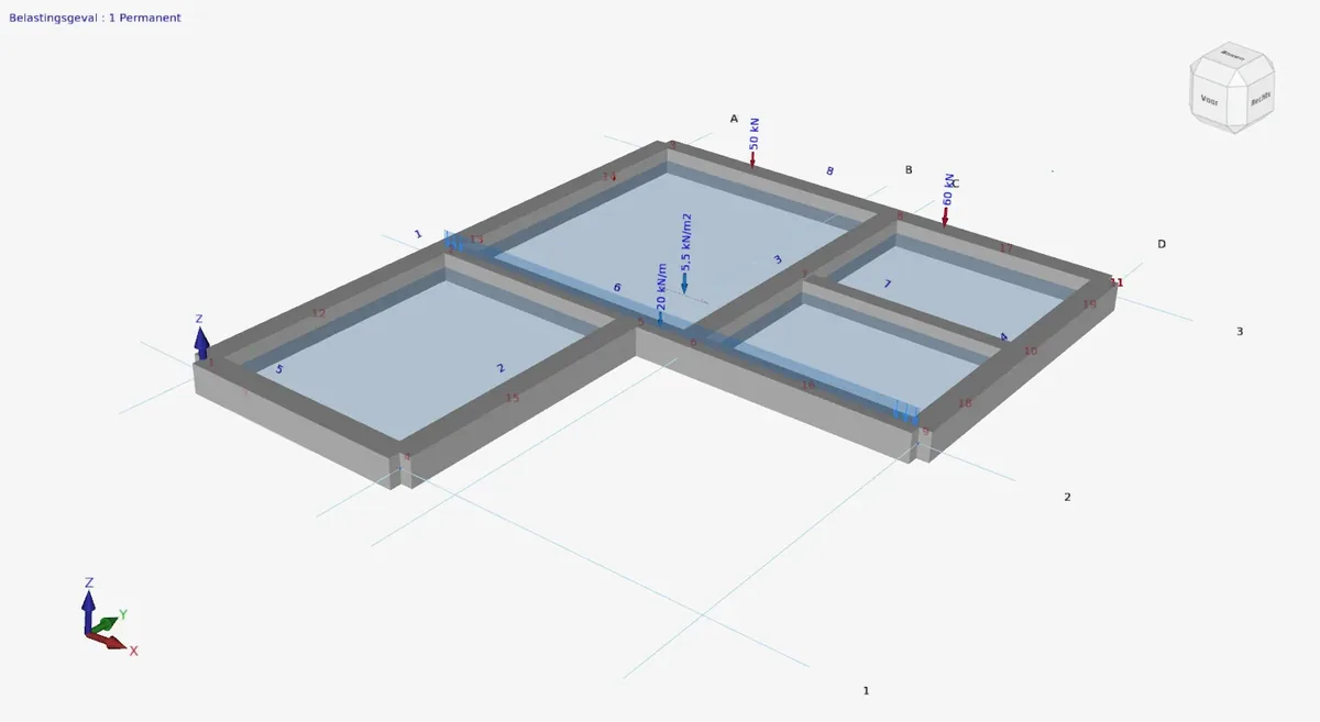 XFEM4U: a concrete beam grid with panels, carrying a surface load of 5.5 kN/m², a line load of 20 kN/m and point loads of 50 and 60 kN.