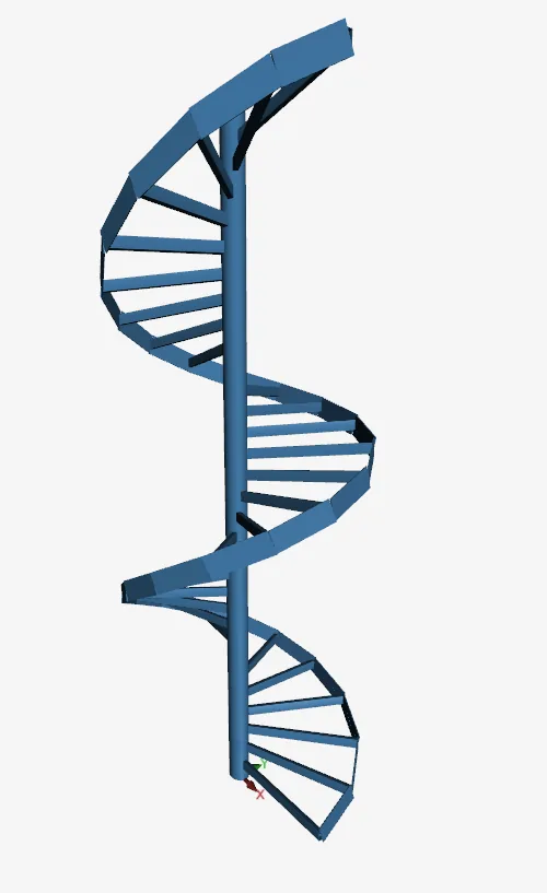 XFEM4U geometry view of the spiral staircase this script makes: a central tube column, steps of rectangular hollow section and a stringer that winds around it twice.