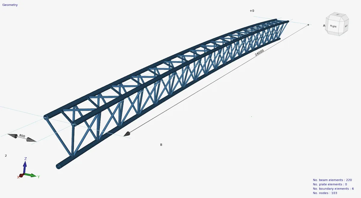 XFEM4U: geometry of a curved truss of round tubes with three chords, 24,000 mm long and 800 mm wide.