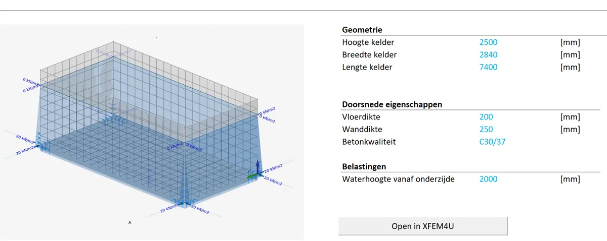 Module sheet for a concrete basement: a 3D model with water pressure, and inputs for size, thickness, concrete grade and water height.