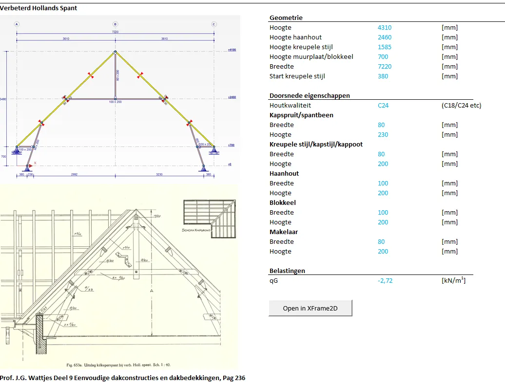 Module sheet for an improved Dutch truss, with the classic reference drawing it follows and the timber section inputs.
