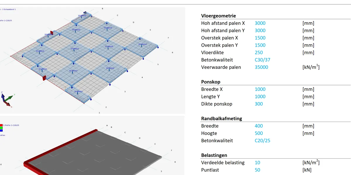 Module sheet for an industrial floor on piles with chessboard loading, drawn in 3D, with pile spacing, floor thickness and punching head inputs.