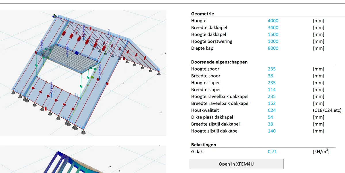 Module sheet for a rafter roof with a dormer and knee wall, drawn in 3D, with geometry, timber sections and loads.