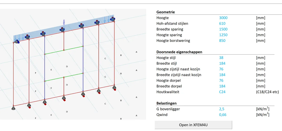 Module sheet for a timber-frame wall with an opening: studs, rails and loads drawn in 3D, with the inputs beside it.