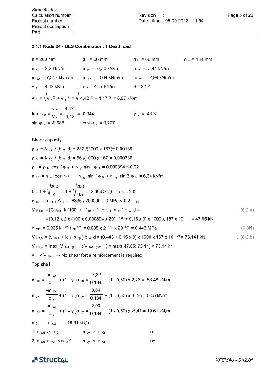 XFEM4U report page 5 of 20: node 24, shear capacity check and the membrane forces in the top shell