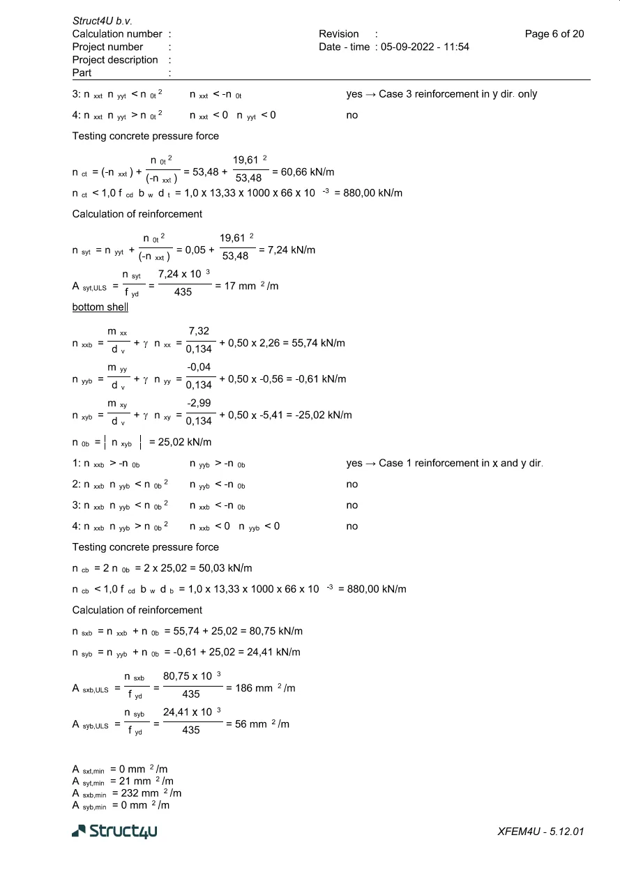 XFEM4U report page 6 of 20: the reinforcement cases and the required reinforcement in the top and bottom shells, and the minimum reinforcement