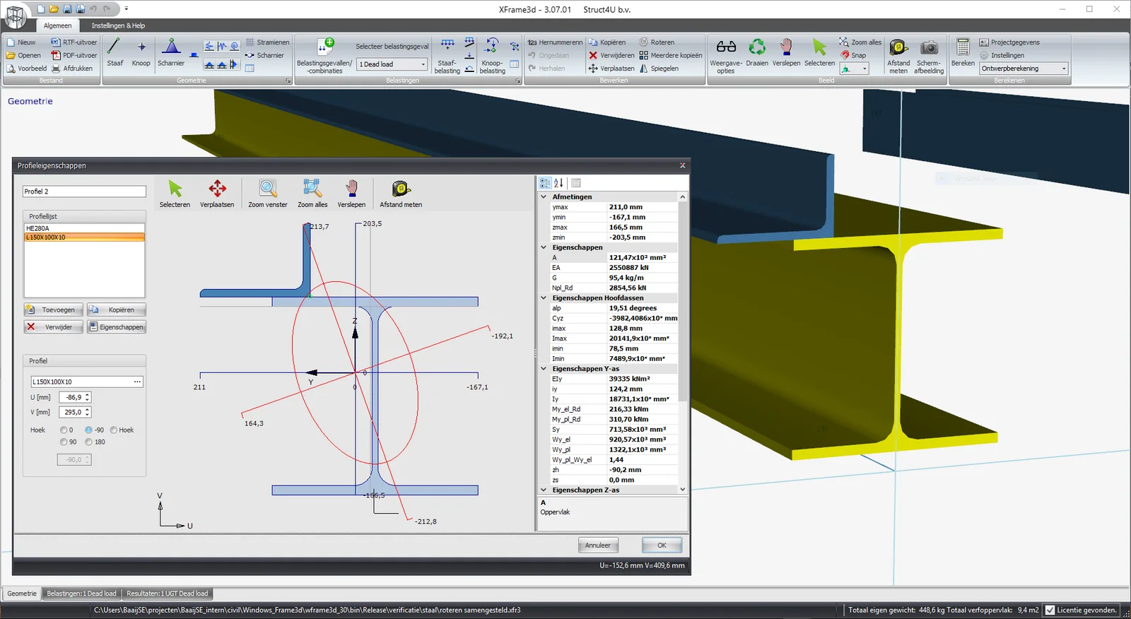 XFrame3d: Section properties window with a composite section made of an HE280A and an L150x100x10