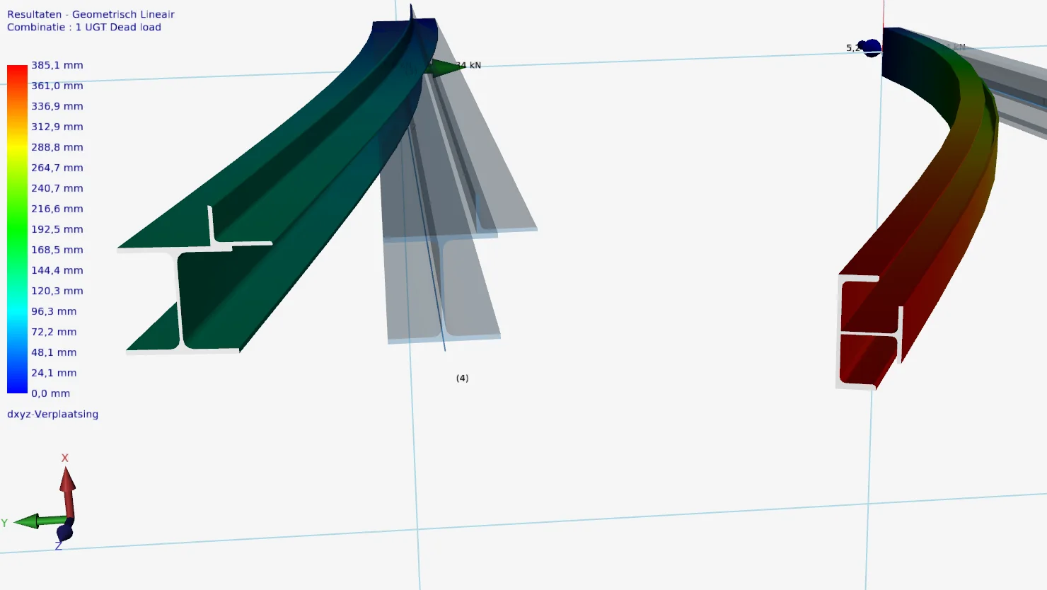XFrame3d: deformed beams with composite sections, displacements shown in colour