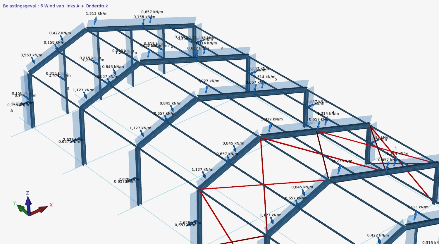 XFrame3d: generated hall with the wind loads of a load case on the members