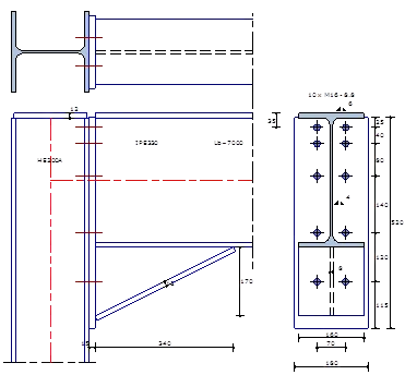 Drawing of a bolted beam-to-column connection with end plate and haunch: side view, top view and bolt pattern