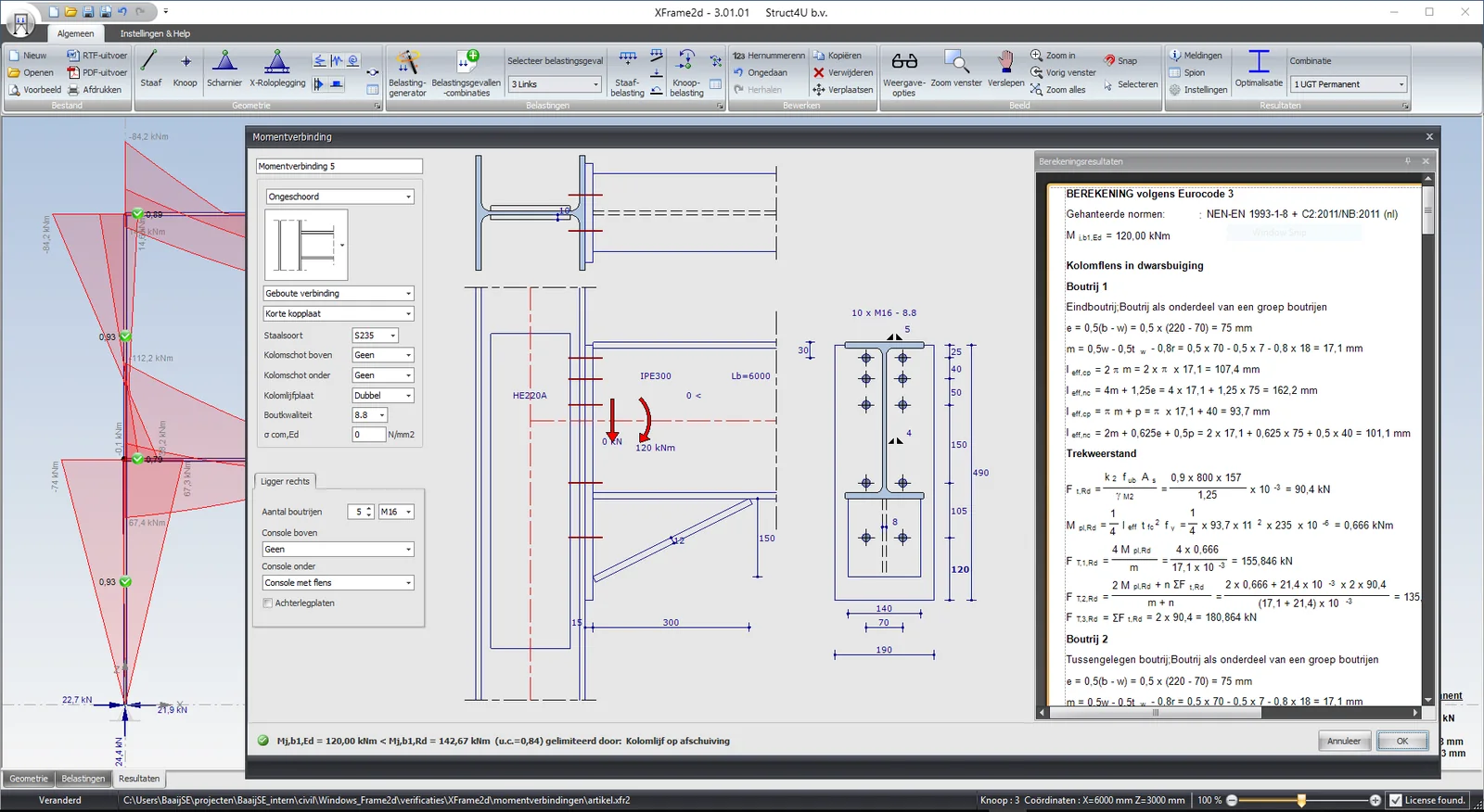 XFrame2d: moment connection window with the drawing of the connection and the calculation results according to Eurocode 3