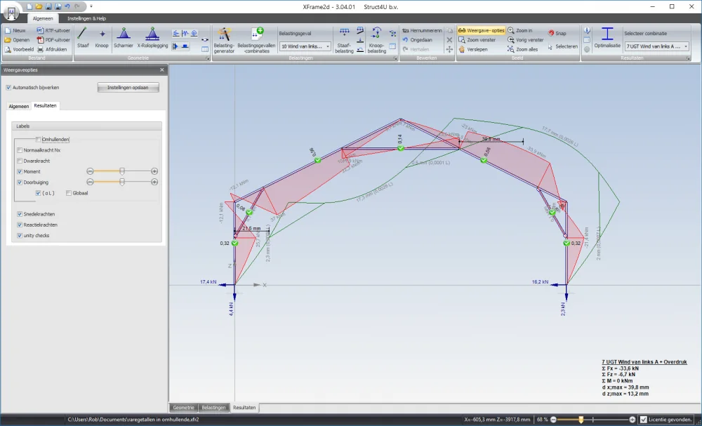 XFrame2d: results of a frame with bending moment diagram, deflection and unity checks, next to the Display options panel