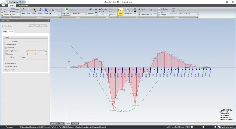 XBeam2d: beam on elastic soil with bending moment diagram, deflection and spring reactions