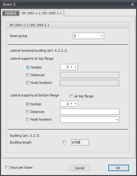Beam dialog with separate input of the lateral supports at the top flange and at the bottom flange