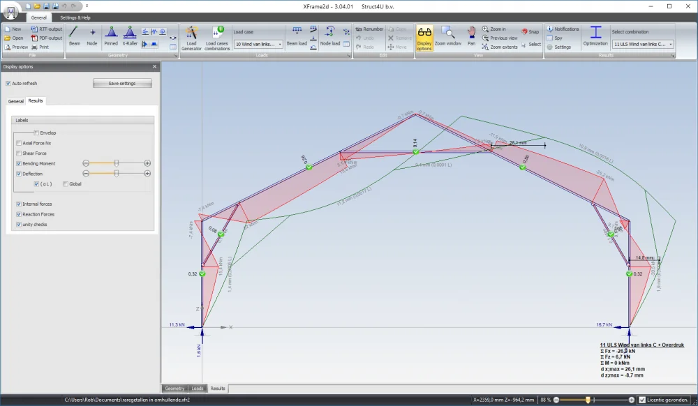 XFrame2d: frame results with bending moment diagram, deflection and unity checks
