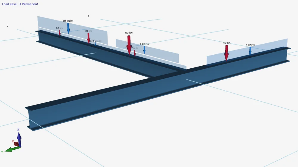 XFrame3d: two connected I-section beams with point loads and line loads drawn to scale in load case 1 Permanent