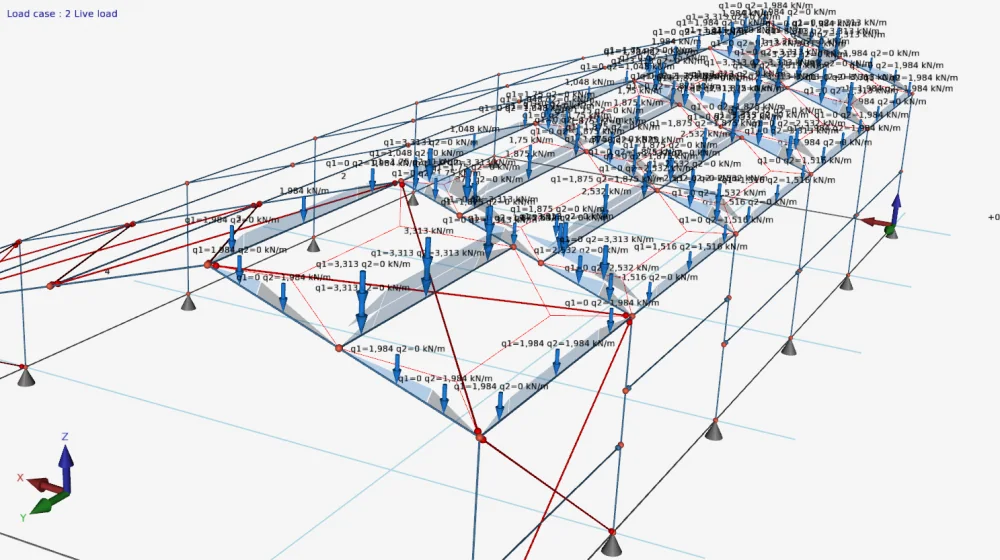 XFrame3d: the beam loads generated from the surface load, drawn on the beams of the 3D frame