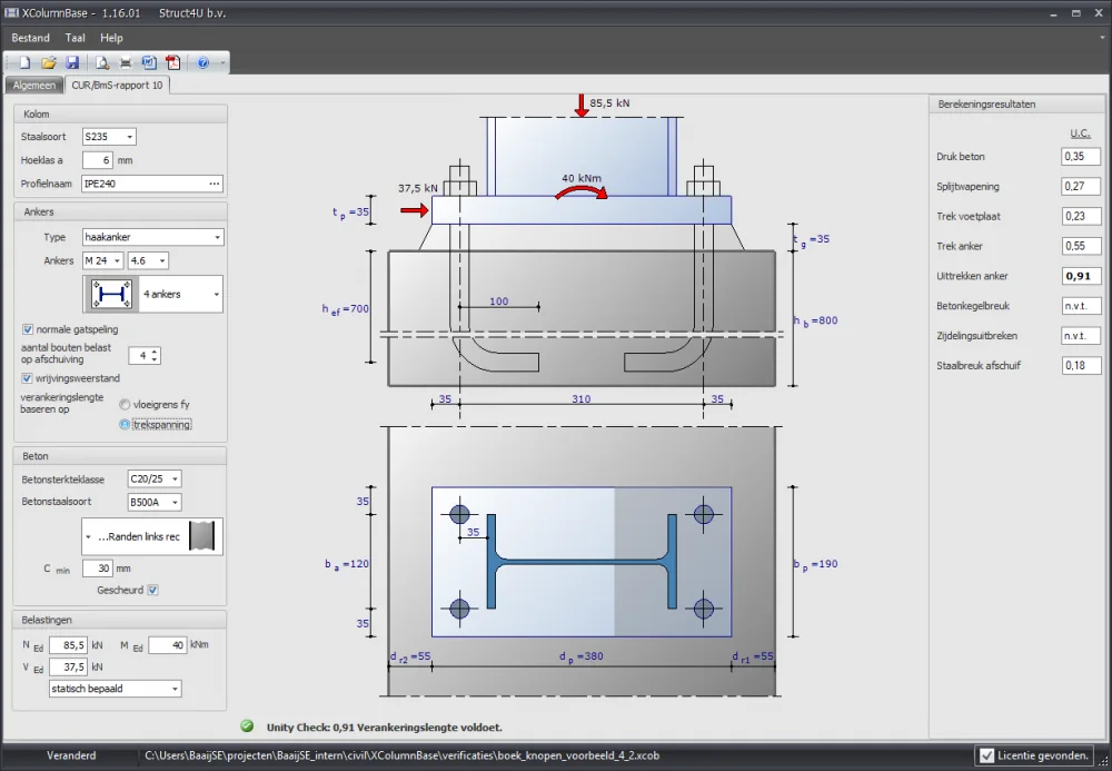 XColumnBase: input and drawing of a column base plate with four hook anchors under an IPE240, with unity checks