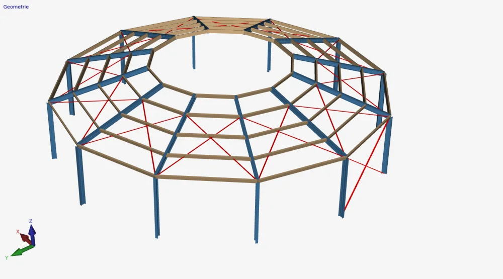 XFrame3d: 3D model of a polygonal structure combining steel columns and beams, timber beams and bracing