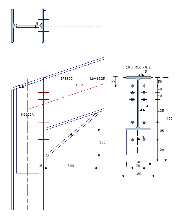 Drawing of a knee joint with a chamfered HE200A column, a sloping IPE300 beam with a haunch and a bolted end plate