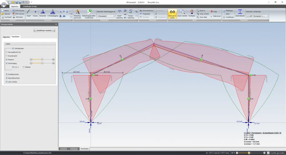 XFrame2d: results of a portal frame with envelope bending moment diagrams, deflections and unity checks