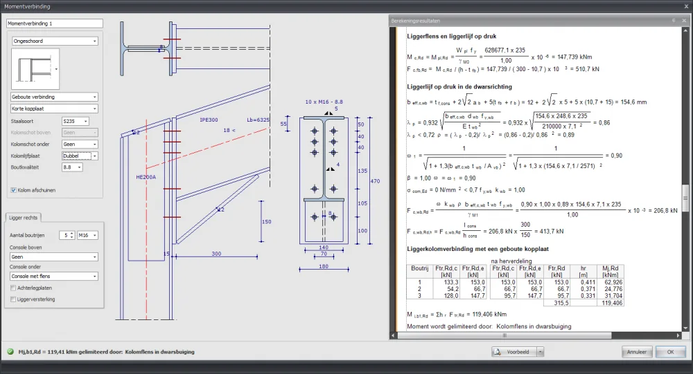 Moment connection window with a bolted end plate connection and the calculation results beside it