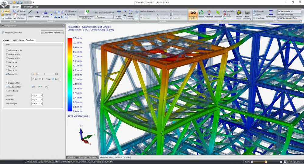 XFrame3d: 3D steel structure with the displacements in colour from a geometrically non-linear calculation