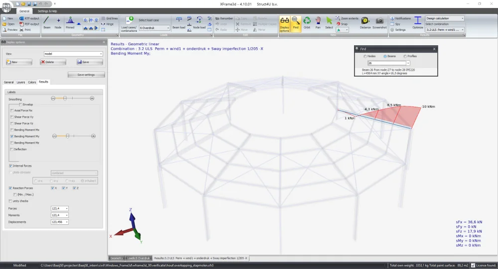 XFrame3d: Find window with beam 26 highlighted and the rest of the model drawn transparently