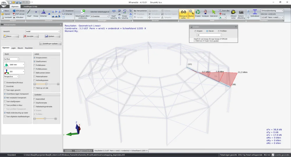 XFrame3d: venster Zoeken met staaf 33 uitgelicht en de rest van het model transparant getekend