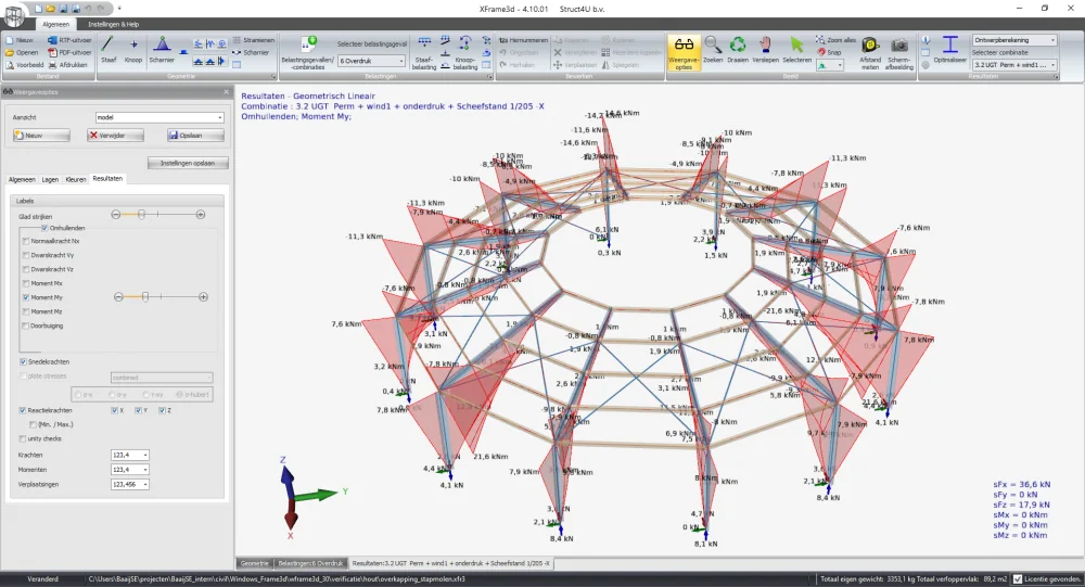 XFrame3d: omhullende momentenlijnen en reactiekrachten van een veelhoekige kapconstructie
