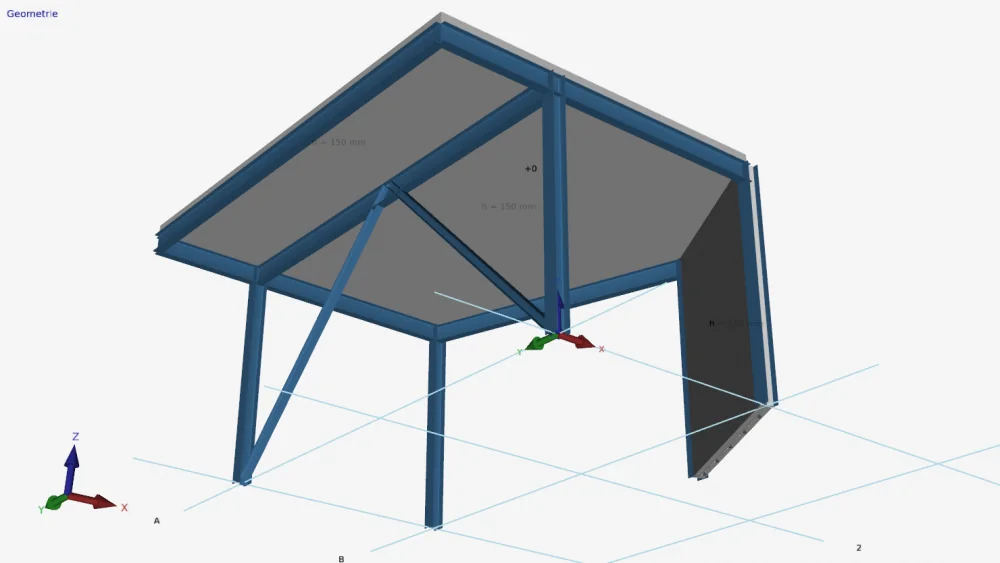 XFrame3d geometry: a 150 mm floor slab and a wall on steel beams and columns with a diagonal brace