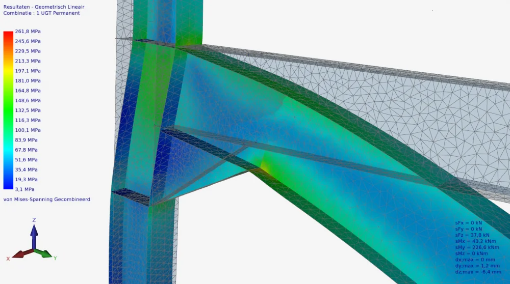 XFrame3d results: combined von Mises stresses in the plate model of the beam-to-column connection
