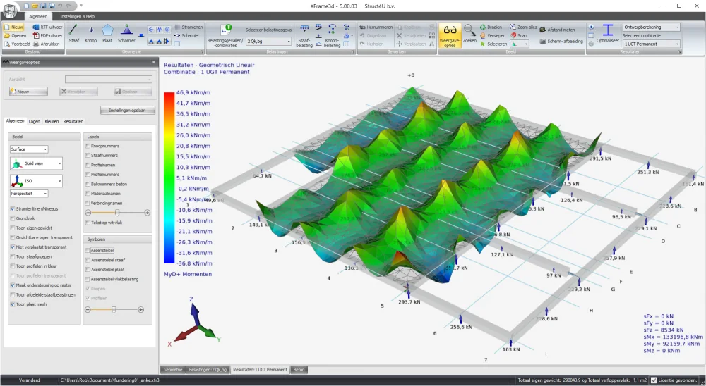 XFrame3d 5.00.03: moments MyD+ of the point-supported slab as a coloured 3D surface, with reaction forces