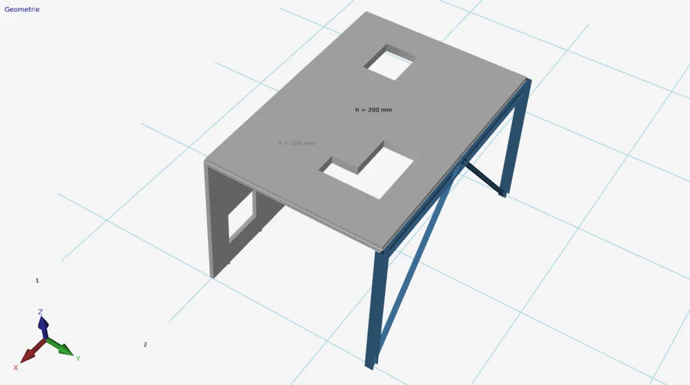 XFrame3d geometry: floor slab with two openings on a wall and a braced steel frame