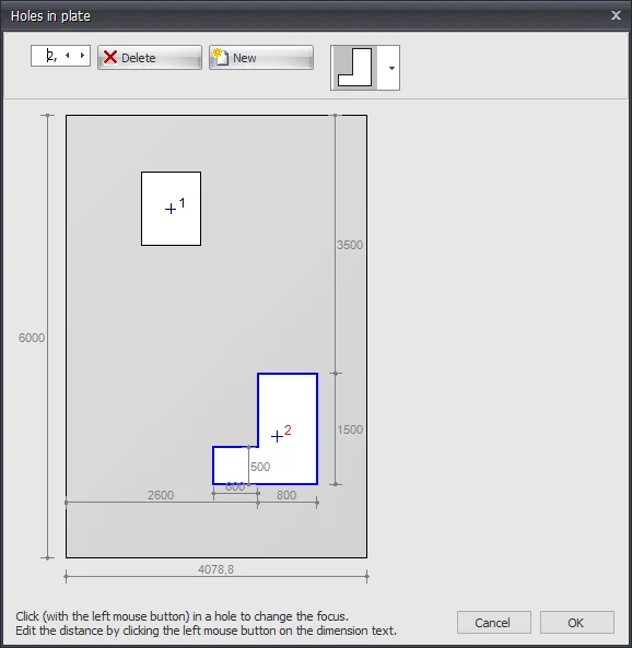 Holes in plate dialog: a slab with a rectangular and an L-shaped hole, positioned with dimension lines