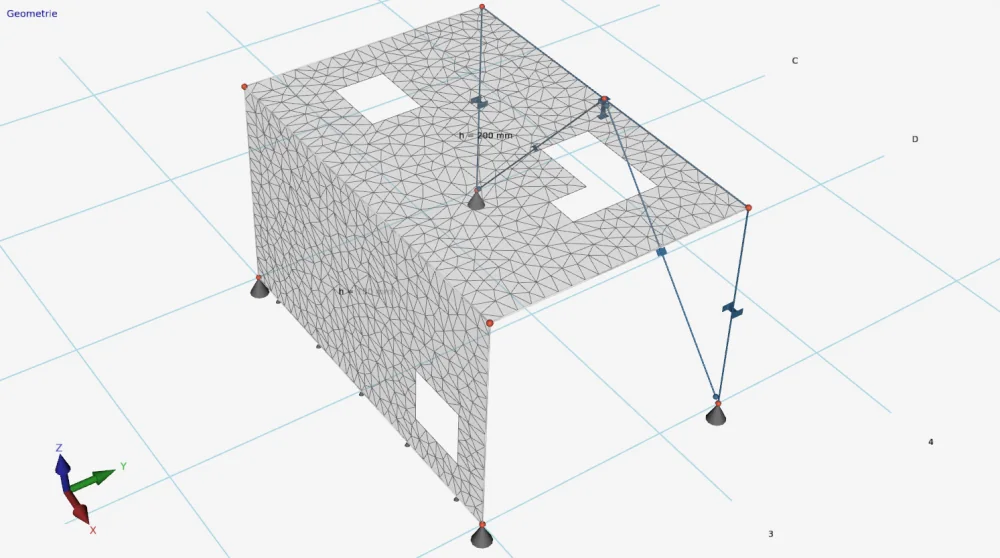 XFrame3d geometry: meshed floor slab and wall with holes, on supports and columns