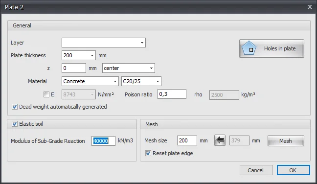 Plate dialog with thickness, material, the Elastic soil option with the modulus of subgrade reaction, and mesh size