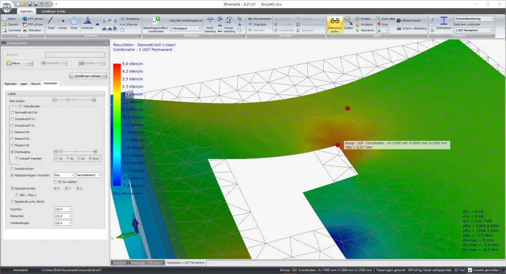 XFrame3d 5.01.01: Mxy-momenten in een plaat rond een gat, met een pop-up met de resultaten van knoop 524