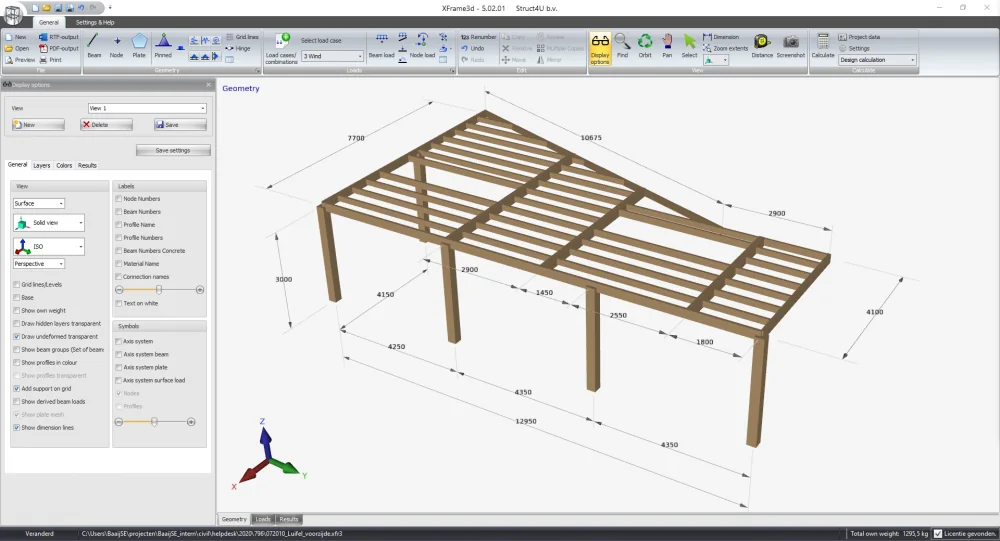 XFrame3d 5.02.01: geometry of a timber canopy structure with dimension lines drawn in 3D