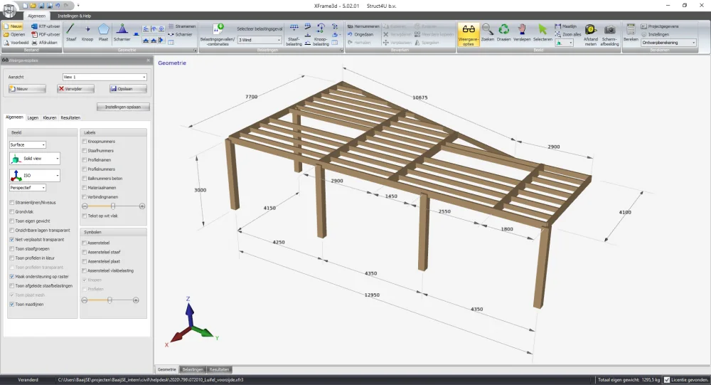 XFrame3d 5.02.01: geometrie van een houten luifelconstructie met in 3D getekende maatlijnen