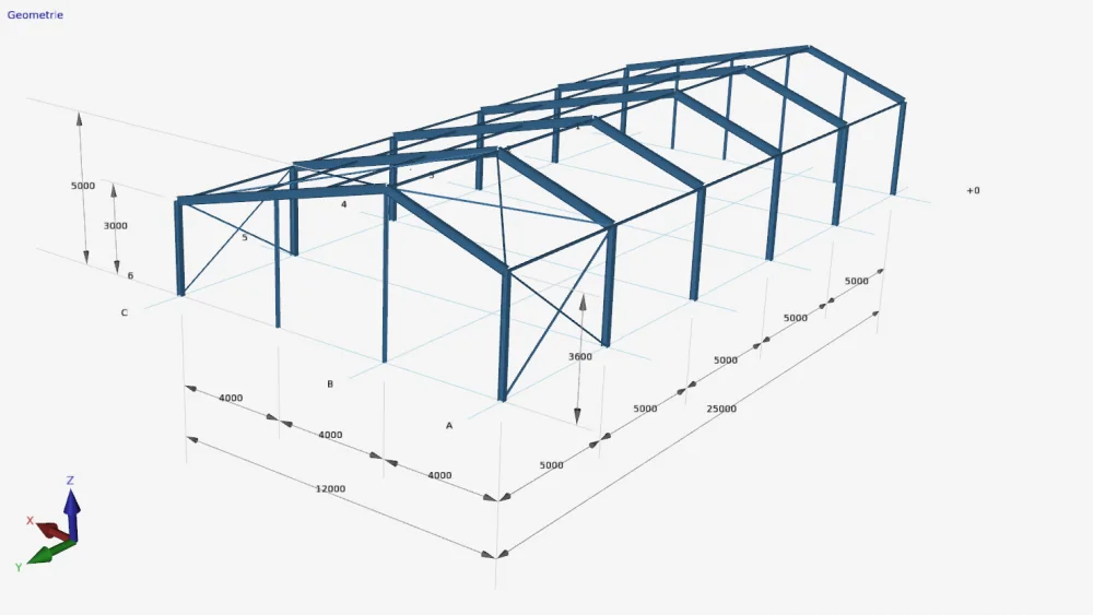 XFrame3d geometry: steel portal frame building with dimension lines along its length, width and height