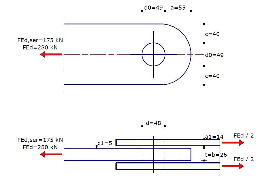 XConstruct: pin connection in side view and top view with dimensions and the forces FEd and FEd,ser