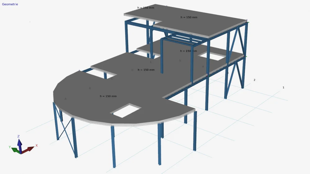 XFrame3d: 3D model of a steel frame carrying 150 mm floor slabs with openings and a curved edge