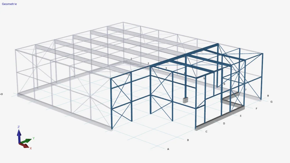 XFrame3d: steel hall in which only the selected members are drawn solid and the rest is transparent