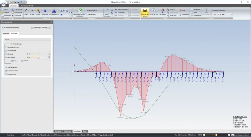 XBeam2d: beam on elastic soil with bending moment diagram, deflection line and reaction forces