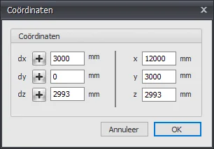 XFrame3d: dialoogvenster Coördinaten met invoervelden voor dx, dy, dz en x, y, z