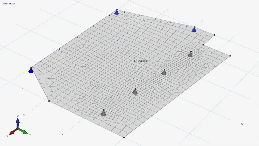 XFEM4U: slab of 300 mm with a mesh of quadrilateral elements and point supports