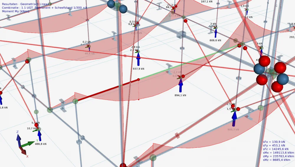 XFEM4U: 3D frame with bending moment diagrams and the spy positioned on a beam